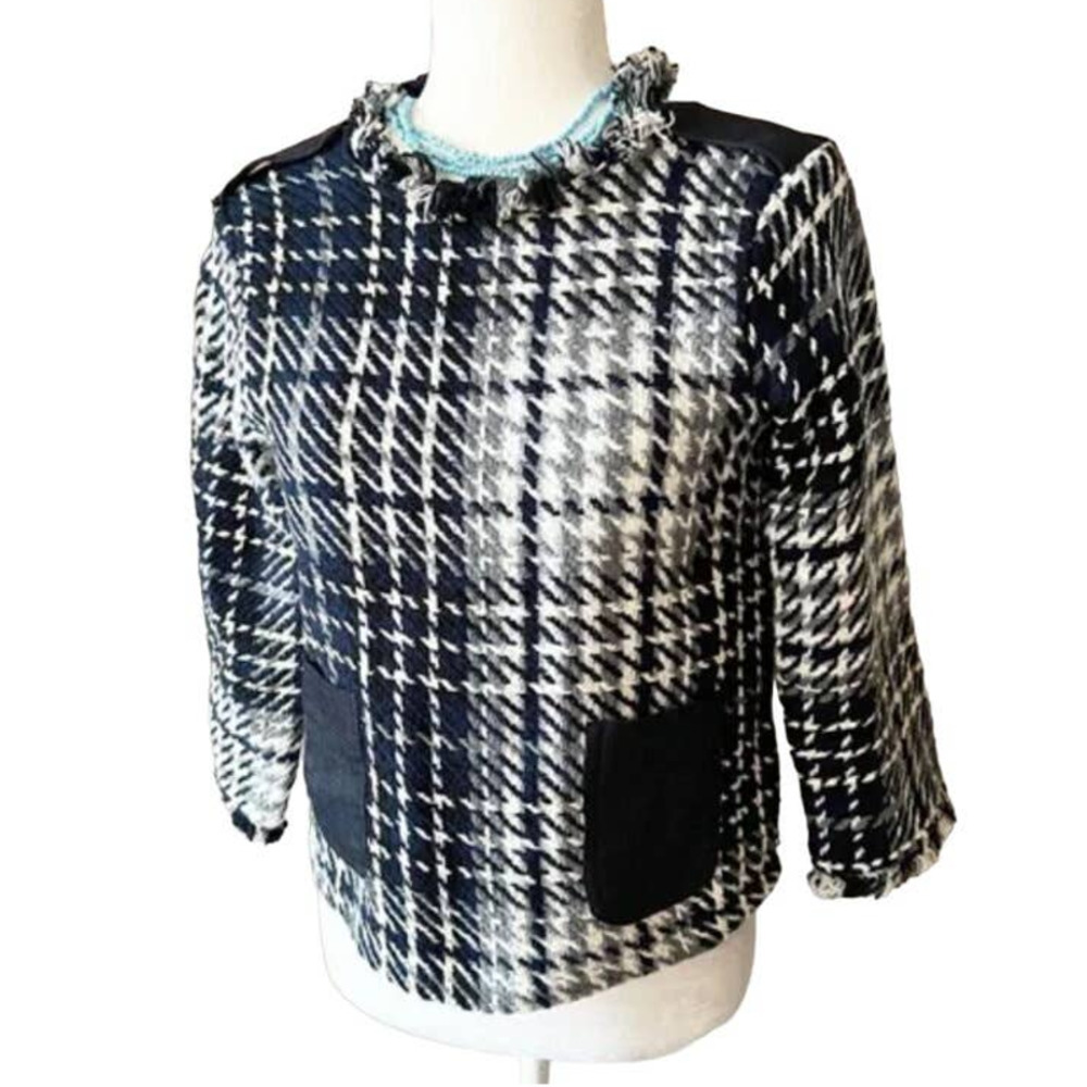 Zara Black Cream Tweed 3/4 Sleeve Blouse Shirt Large